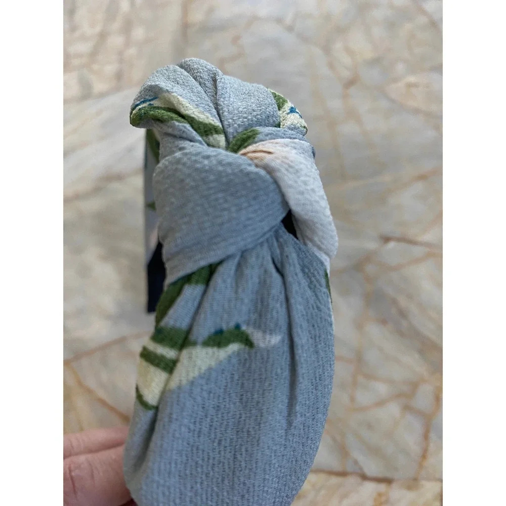 Light Blue Floral Knotted Headband Textured Botanical Top Knot Hair Accessory
